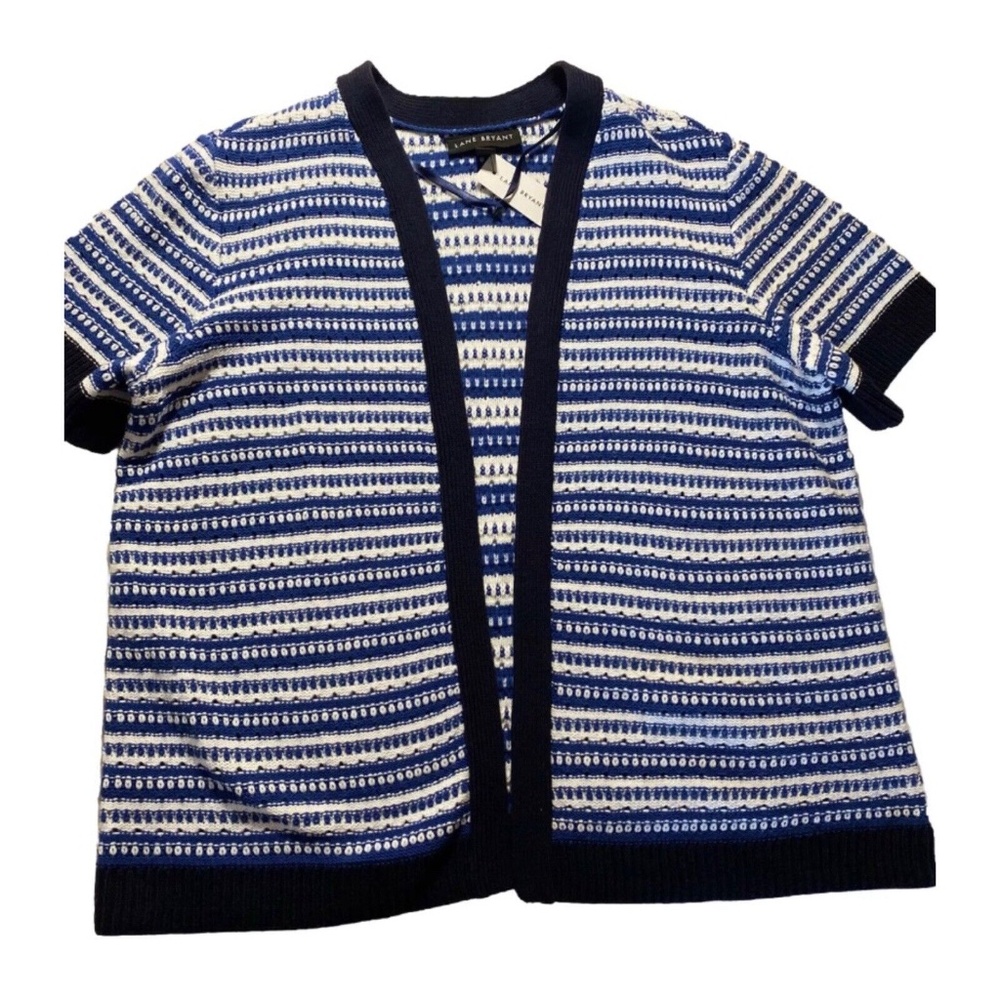 Lane Bryant Open Cardigan Sweater Size 10 /12 Striped Blue White Short Sleeve